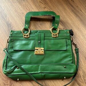 Vintage Green Leather Satchel with Gold Accents